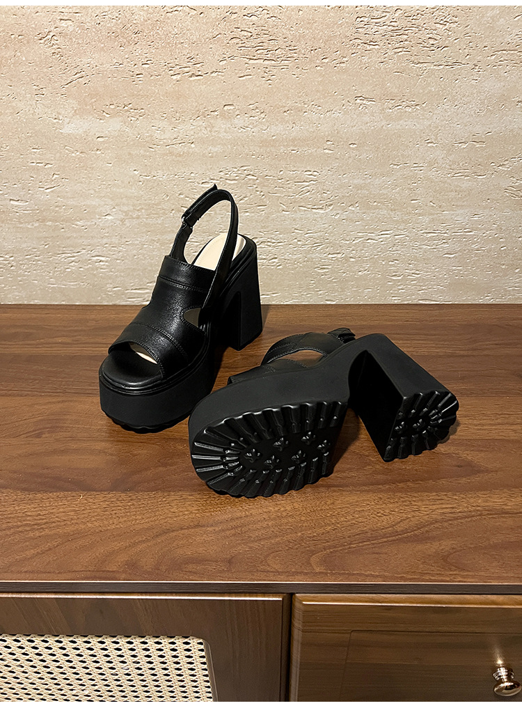 Sandal hở mũi nữ đế siêu dày 12cm quai ngang phong cách La Mã, khóa dán, gót vuông — màu đen, màu trắng ngà chi tiết 19