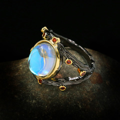 Elegant and Exquisite Set: Abstract and Creative Design with Interwoven Lines, Moonstone Ring Necklace and Earrings, Black Gold, Cross-Border Style