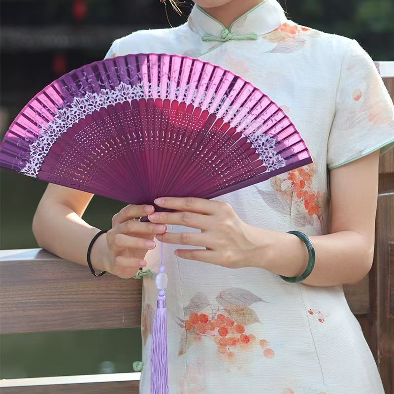 Summer Retro Style Hanfu Women's Portable Dance Fan Folding Fan Chinese Style Cheongsam Mini Tassel Folding Fan Bamboo