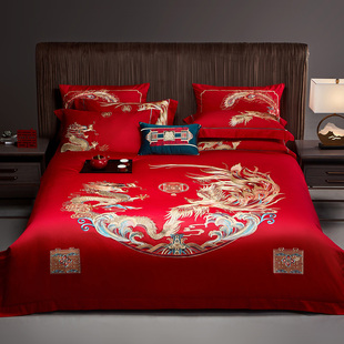 ✅ Cotton Dragon and Phoenix Auspicious Four-Six-Piece Set, Ten-Piece Set, Festive Red Quilt, Luxurious Wedding Bed