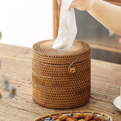 批發藤編抽紙盒圓形紙巾筒捲紙盒新中式客廳茶几桌面紙巾盒捲筒收