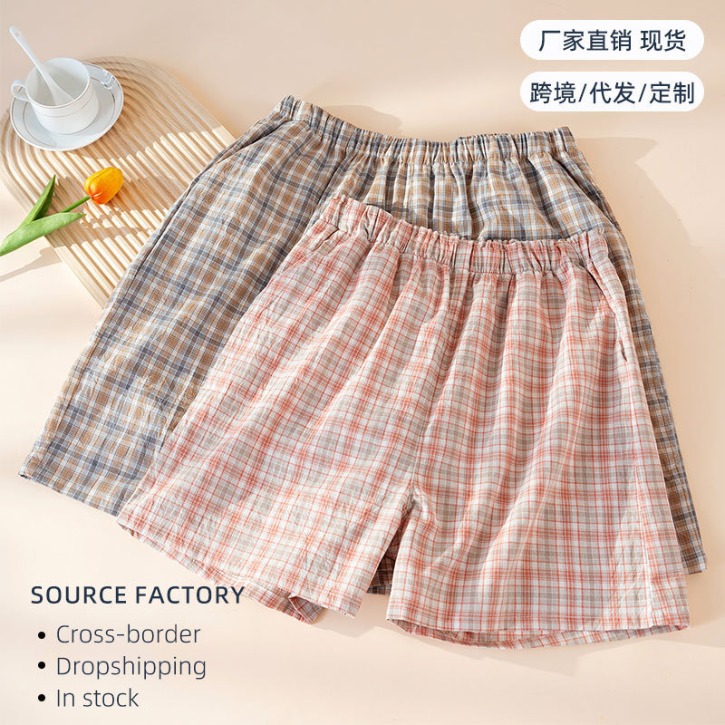 Couple Style Plaid Washed Cotton Shorts for Men and Women, Summer Thin Style with Side Pockets, Home Shorts, Cotton Beach Shorts