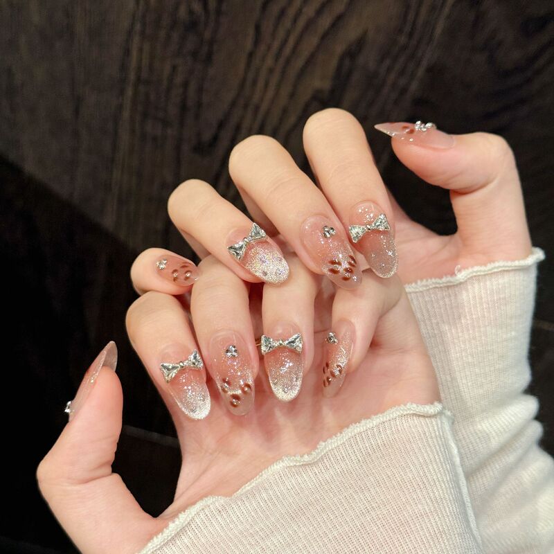 Yihe W Series [Pink Butterfly Ruby] Nude Pink Gradient Bow Diamond Decoration Purely Handmade Wearable Nail Art Patch