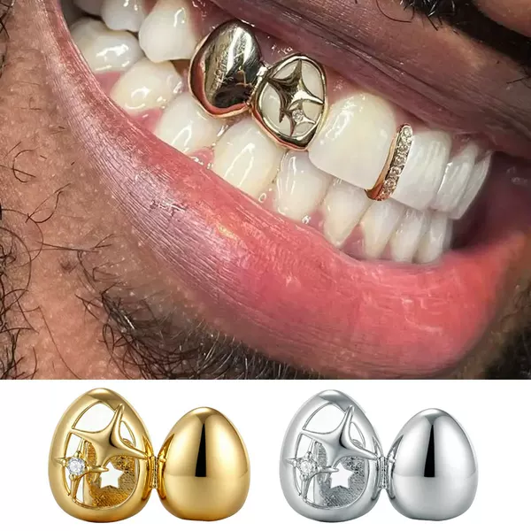 Cross-Border Hot-Selling Super Cool Star Zircon Braces Cut Out Mirror Double Single Gold Tooth Temu Halloween Tooth Decoration