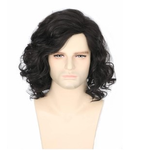 2024 cross-border e-commerce new men's wig partial oblique bangs mid-length men's hair black mid-length curly hair fluffy