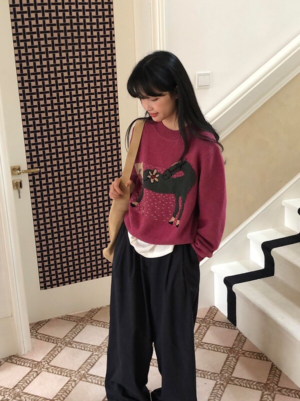 韩系少女卡通小马提花圆领套头毛衣女秋冬宽松时尚减龄针织衫上衣|undefined