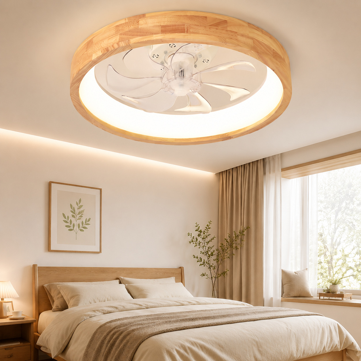 Lámpara Ventilador de Techo de Madera con Control Remoto para Dormitorio y Estudio