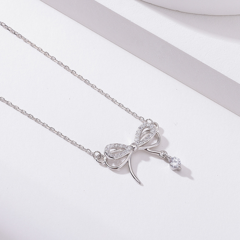 Simple Style Bow Knot Sterling Silver Pendant Necklace Inlay Zircon 925 Silver Necklaces