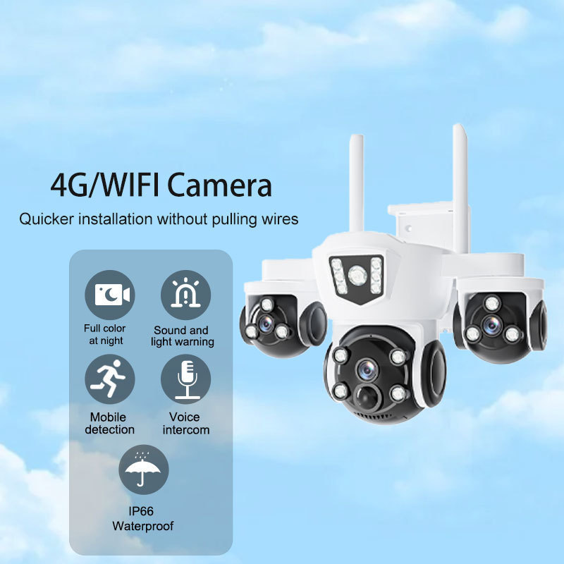 新しい真の四眼 WIFI ソーラー監視カメラ 3 画面監視広角 5MP リモート屋外防水|undefined