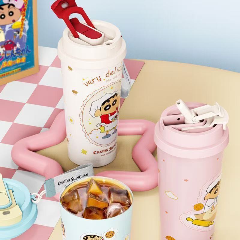 蜡笔小新保温杯加黎咖啡杯史迪仔双饮杯车载带吸管直饮大学生水杯|undefined