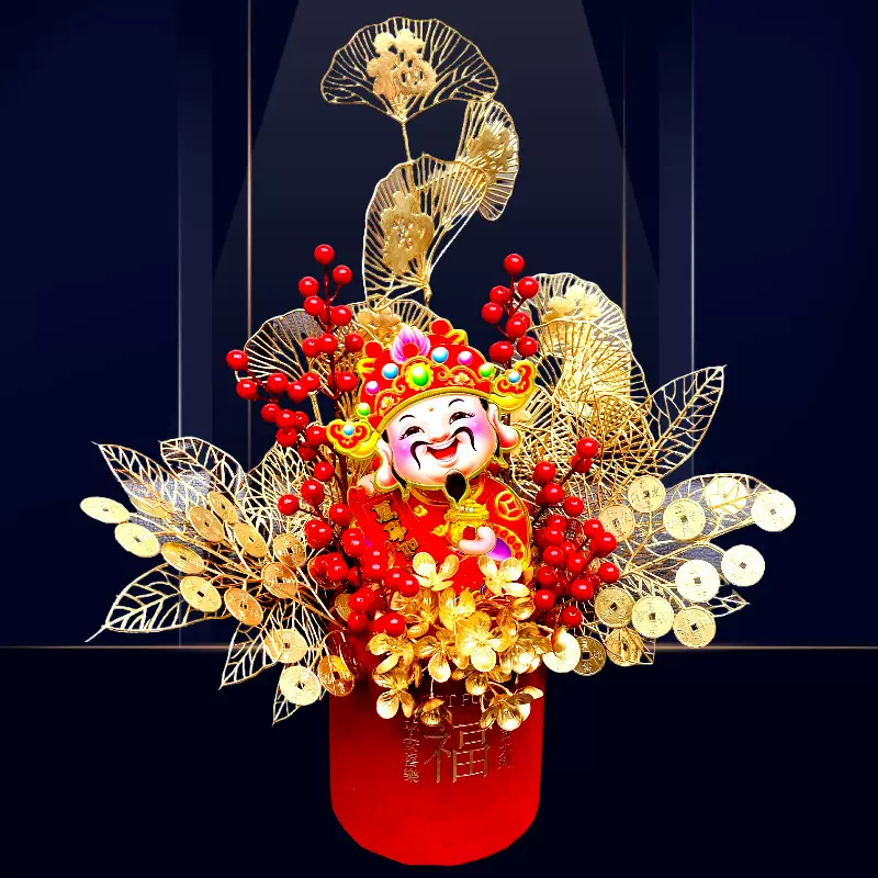摇头财神红果插花福桶摆件春节装饰品电动摇头财神爷财神到过年