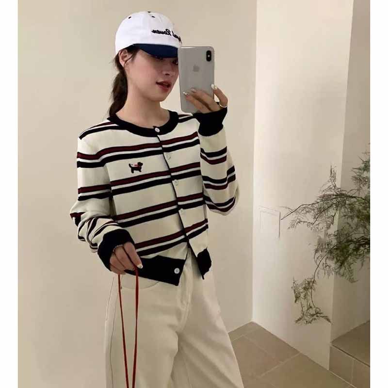 2026 Autumn New Soft and Cozy Puppy Embroidery Striped Knit Cardigan for Women, Korean Dongdaemun Simple Slim-Fit Jacket