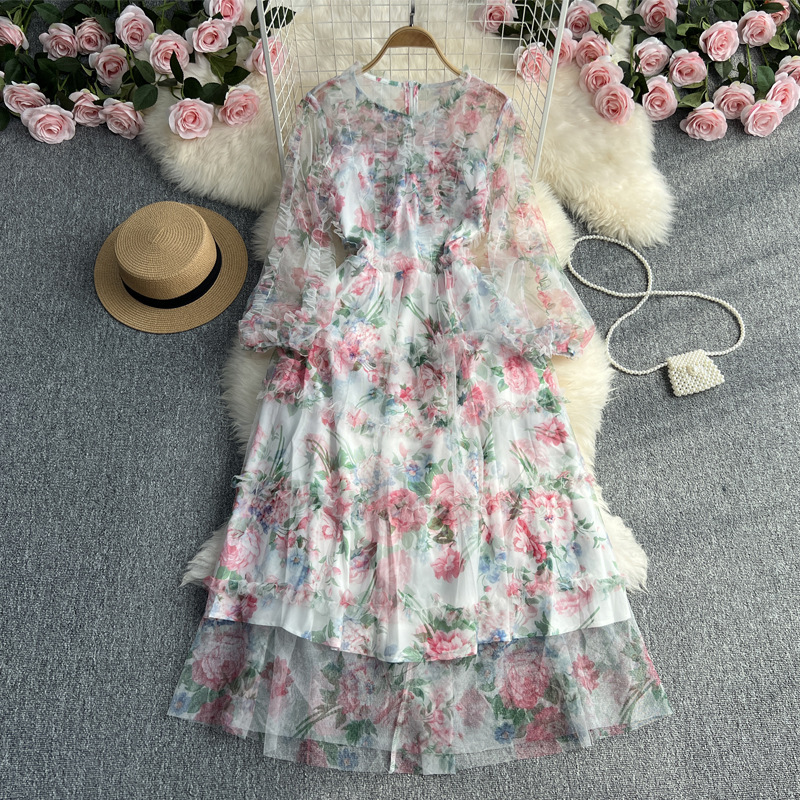 Fairy Dress, Sweet First Love, Super Fairy-Like French Long Cake-Style Breathable Dress, Mesh Floral Skirt, Summer Princess Dress