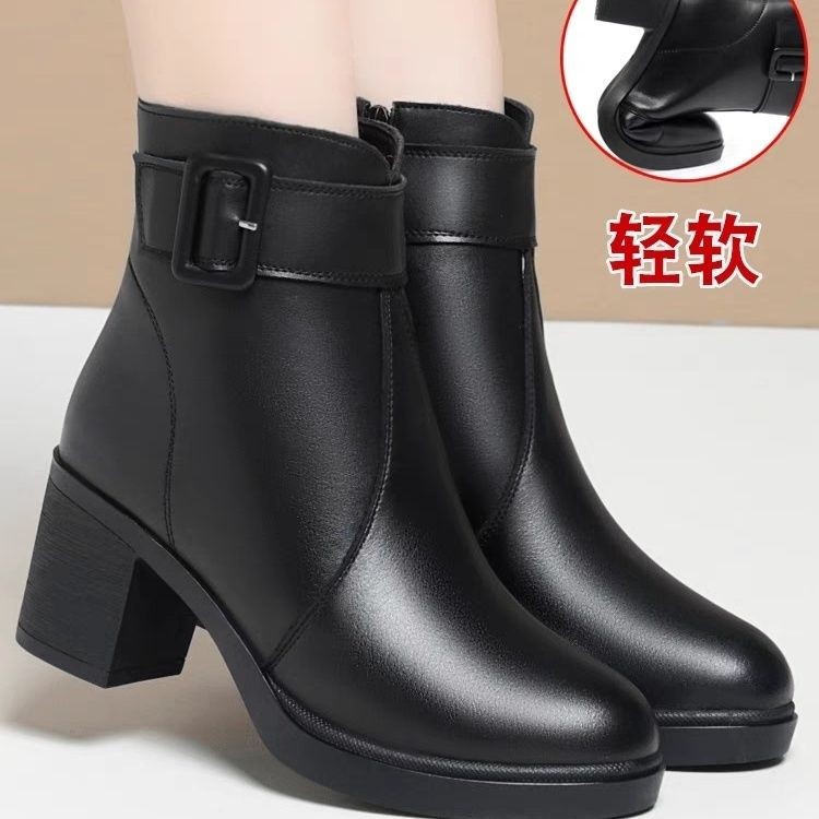 女士短靴粗跟皮鞋冬季加绒加厚女鞋中跟中年女鞋加厚软皮妈妈棉鞋