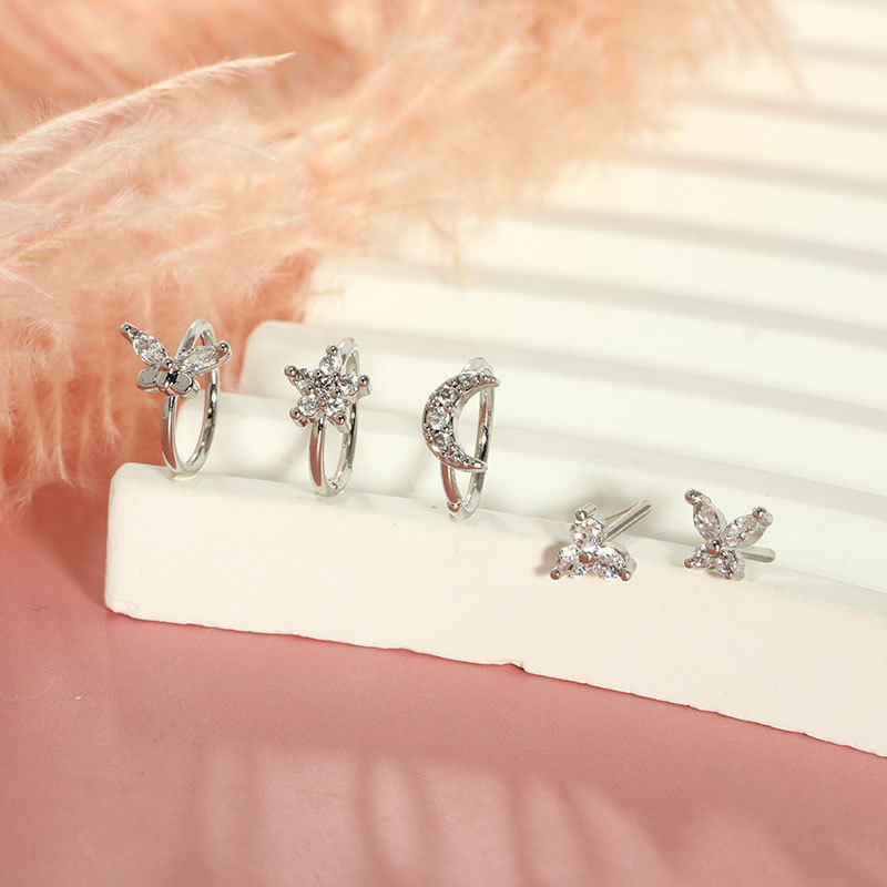 14G Heart Nose Ring Stainless Steel Nose Stud Piercing Jewelry Set of 14 - Silver Zircon detail image 7