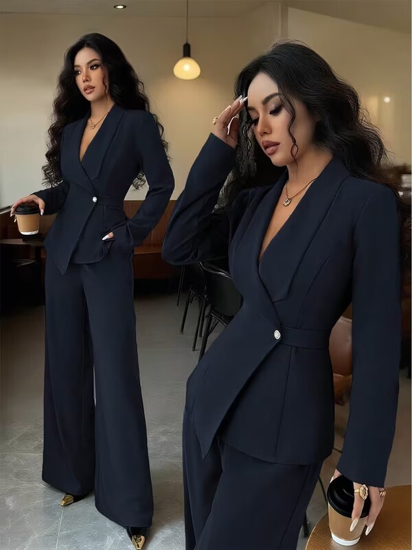 European and American Women's Clothing, Spring and Autumn Fashion, Elegant Casual Suit, Women's Solid Color V-Neck Long Suit with Wide-Leg Pants Two-Piece Set European and American Women's Clothing, Spring and Autumn Fashion, Elegant Casual Suit, Women's Solid Color V-Neck Long Suit with Wide-Leg Pants Two-Piece Set