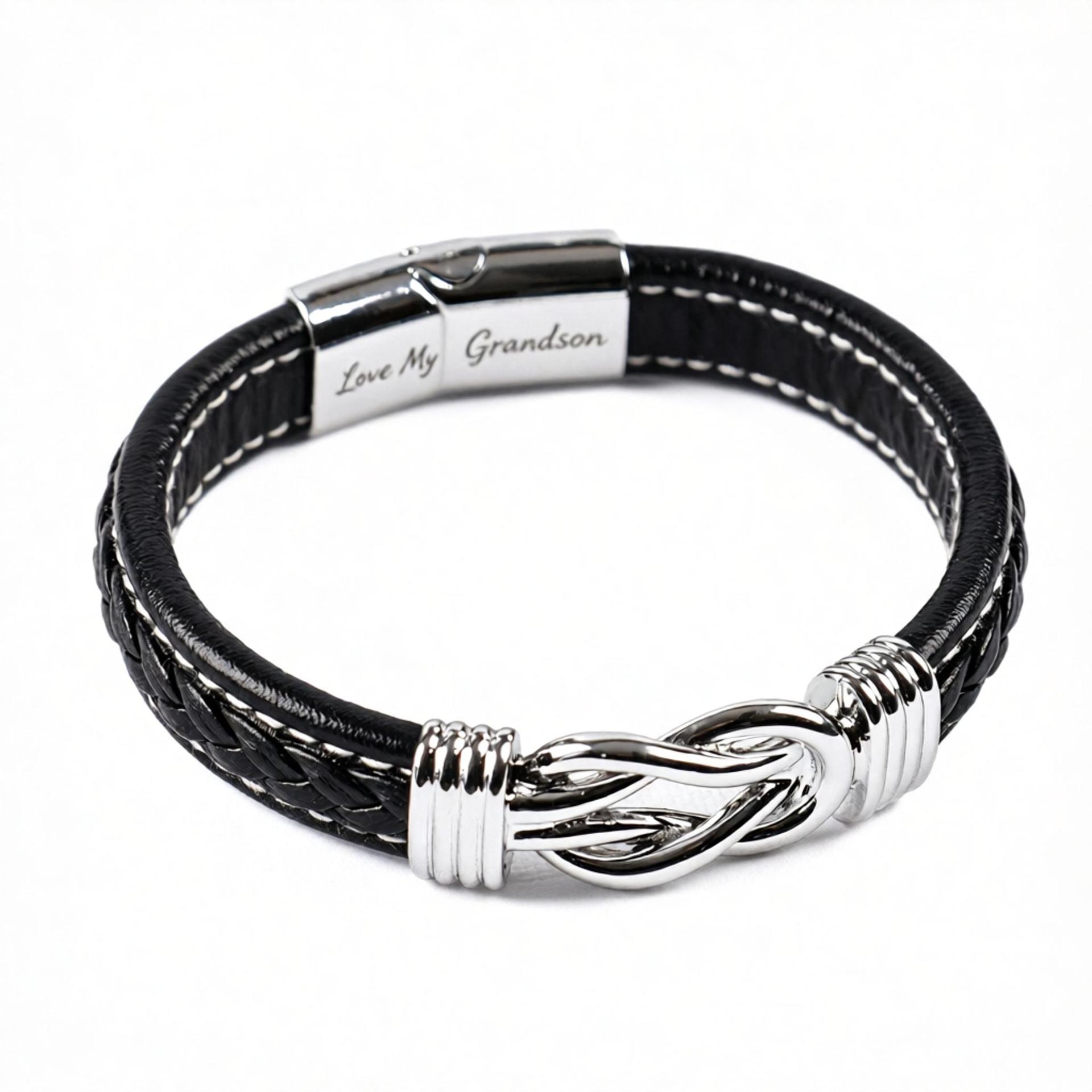 Cross-border bracelet black leather silver buckle engraved lovemy grandson+ grandson card