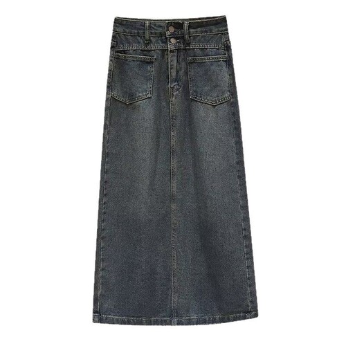 Plus Size Retro Slit Denim A-Line High-Waist Hip-Hiding Skirt for Pear-Shaped Figures - 2025 New Arrival Medium-Length Dress