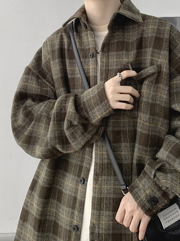 Camisa de cuadros de los hombres de manga larga estilo Hong Kong abrigo de alto grado primavera y otoño ruoshuai estilo japonés Top otoño moda marca ropa de trabajo camisa