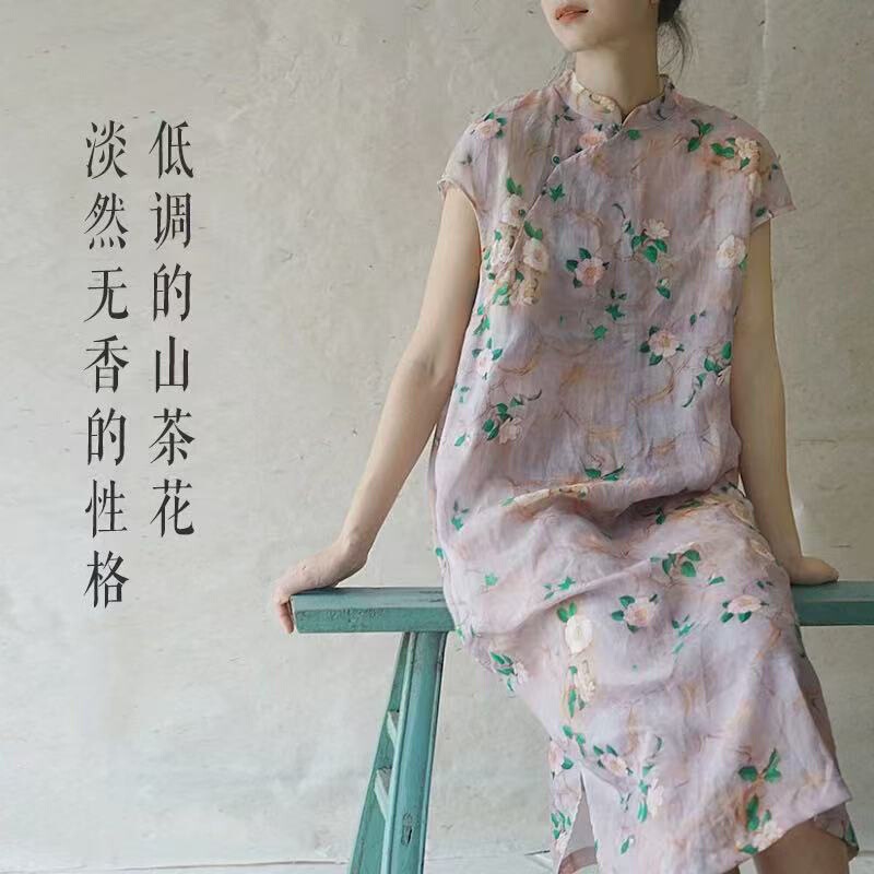 Camellia Chinoiserie Slanted Lapel Cotton and Linen Loose Improved Cheongsam to Cover Belly Young Girls 2025 New Dress