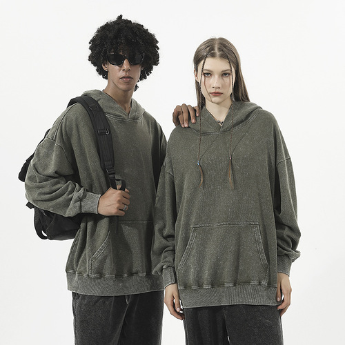 350g 80% cotton distressed oversized hooded sweatshirt with dropped shoulders, retro water-washed ribbed hooded sweatshirt