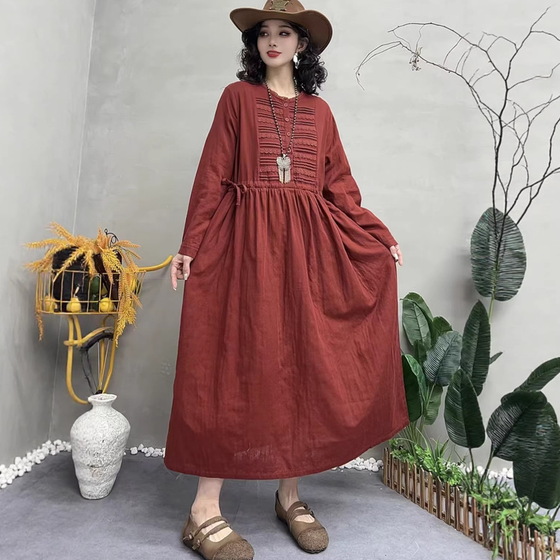 2026 Spring Collection Real Shot Plus Size Women's Cotton Linen Long Pleated Dress with Waist Cinching and Double Layered Tulle