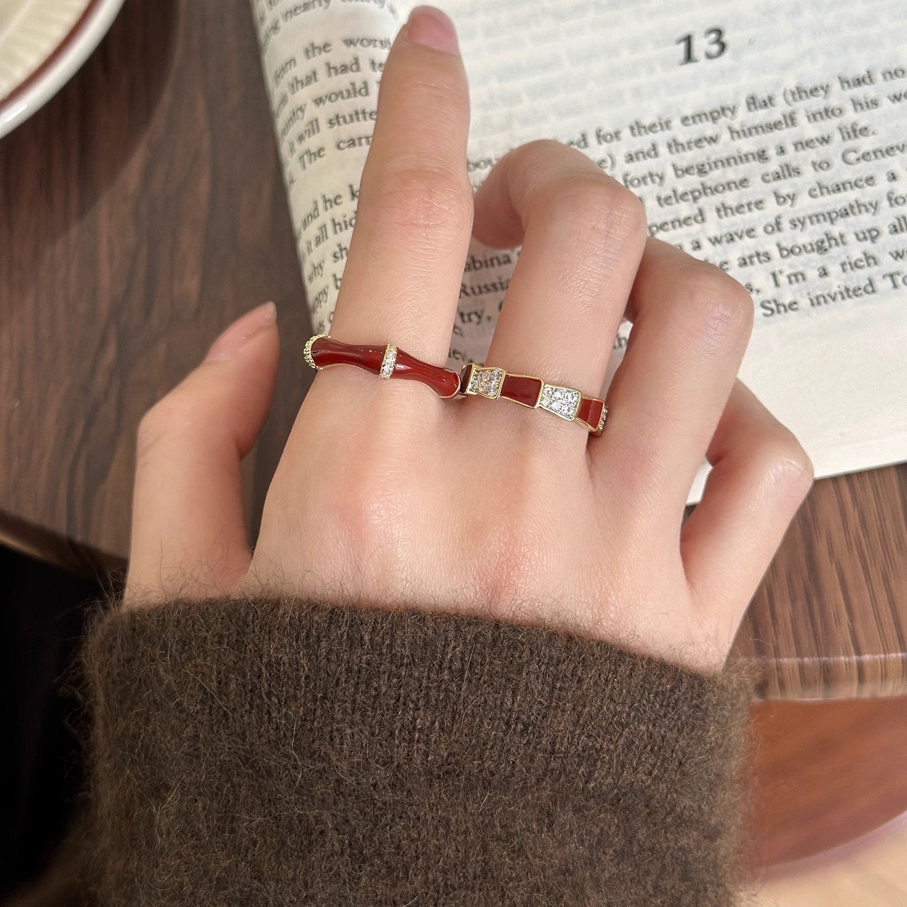 Französischer Weinroter Emaille Ring Mit Bambusmuster Verstellbar_voghion.com