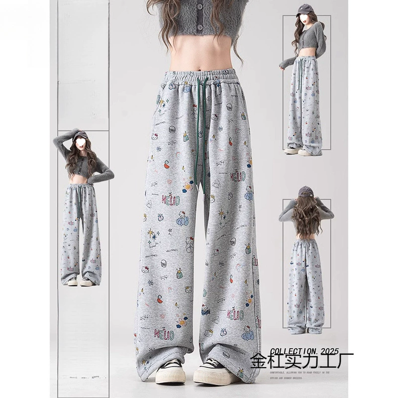 Сладкий и милый мультфильм KT Cat с принтом брюки женский весенний шнур эластичная талия пучок повседневные брюки для ног