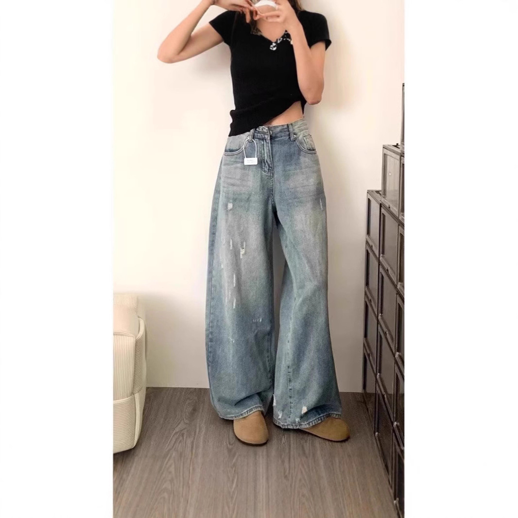 水洗磨破设计感阔腿牛仔裤子女2025新款设计感高腰阔腿宽松长裤夏