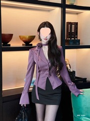 感辣妹紫色气质缎面小西装女秋季新款百搭包臀短裙子两件套装