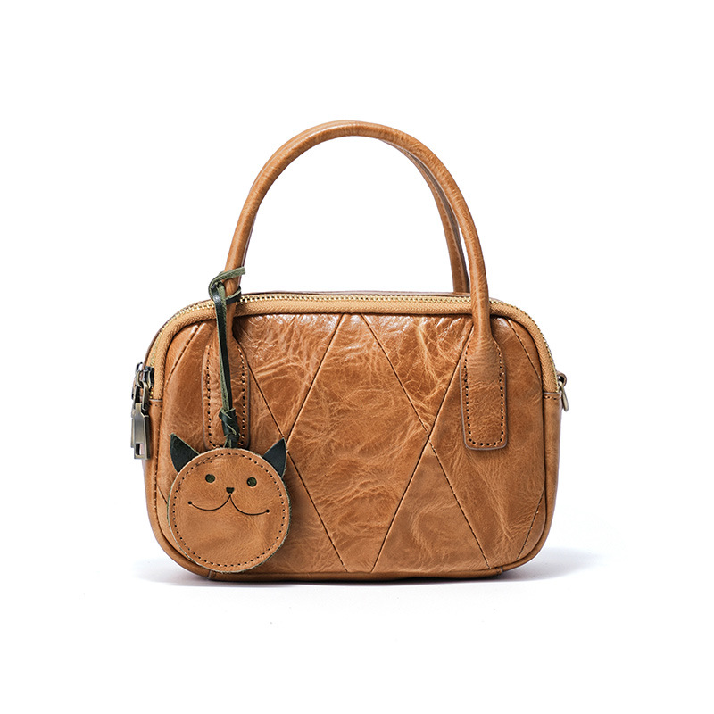 Genuine Leather Handmade Bowling Bag For Women New Retro Crossbody Vegetable Tanned Cowhide Versatile Handheld Pillow Bag - Thumbnail 5