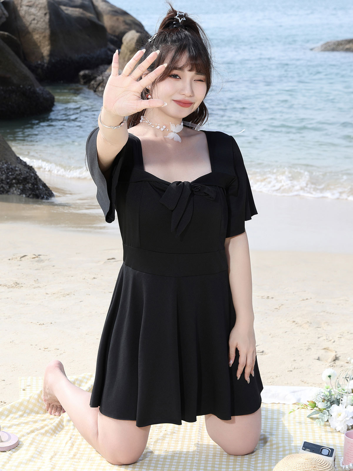 Traje de baño de aguas termales para mujer talla grande gordo mm conservador delgado que cubre la carne negro 180 kg vestido de una pieza estilo 2024 nuevo traje de baño