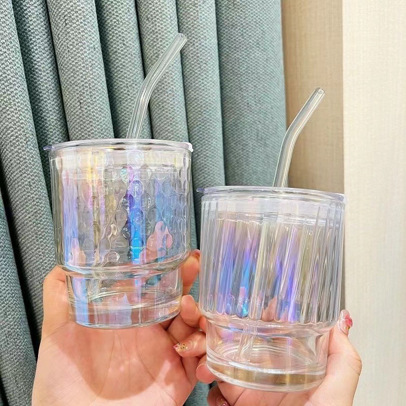 INS colorido taza de vidrio de bambú hembra de gran capacidad estudiante resistente al calor de alto aspecto con tapa hogar vidrio paja