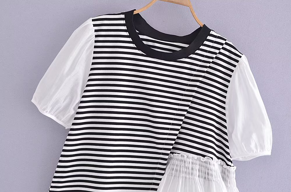 stitching round  neck short sleeve loose striped T-shirt NSAM134856