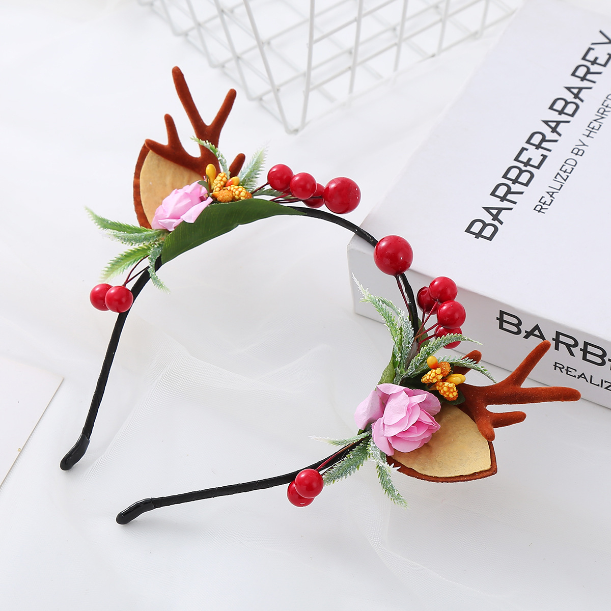 Los niños de Navidad cornamenta diadema venta al por mayor Rosa flocado pequeña cornamenta diadema DIY chica rendimiento accesorios para el cabello diadema