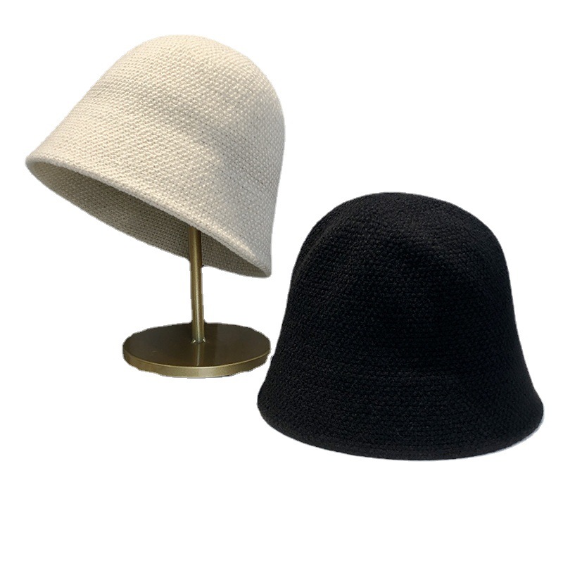Korean-Style Knitted Fisherman Hat for Women, Autumn and Winter Plain Face-Shielding Bucket Hat, Solid Color Versatile Japanese-Style Cloche Hat
