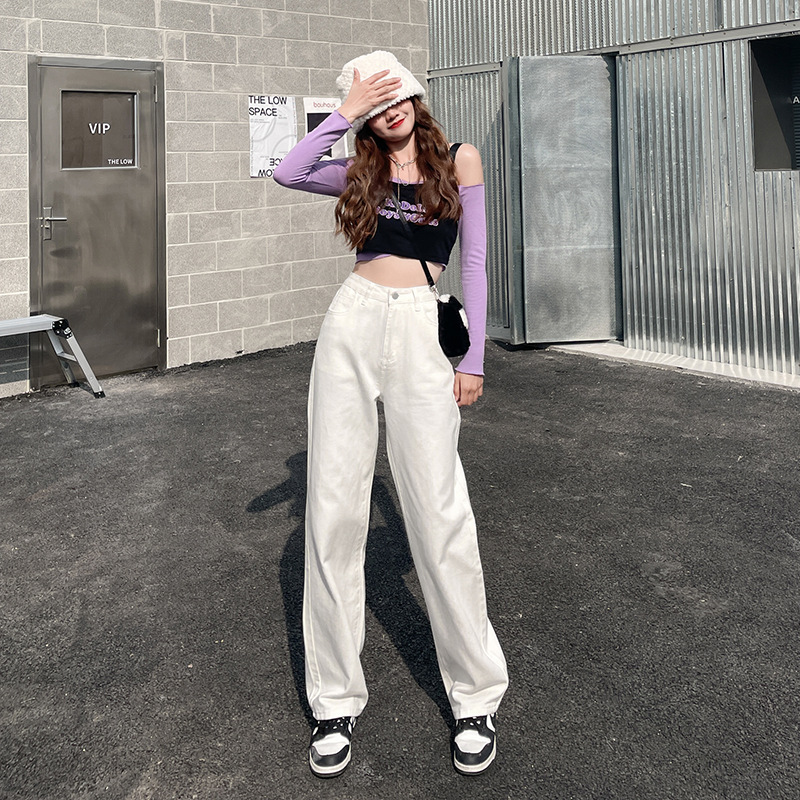 白色闊腿褲女高腰垂感 2023年新款春裝顯瘦直筒牛仔褲美式高街褲
