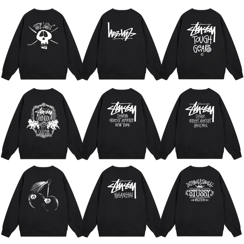 Cross-Border Stussy American-Style Sweatshirt for Men and Women with Classic Letter Print Black 8 Dice Long-Sleeve Crewneck Sweatshirt