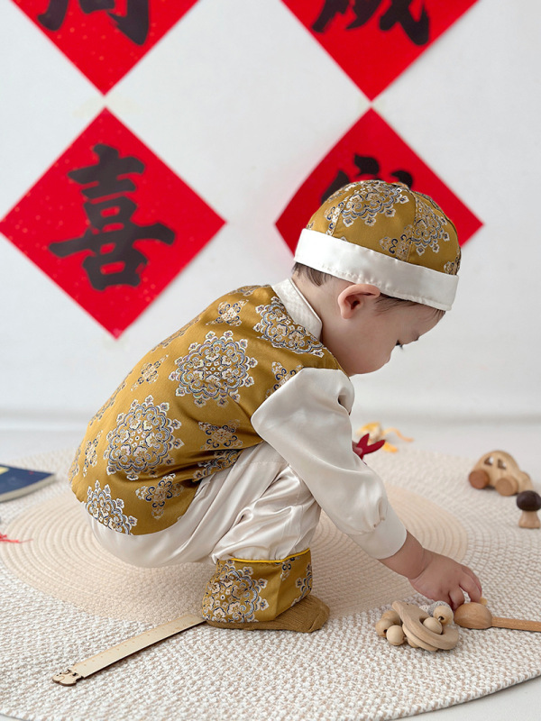 新中式提花仿宋锦面料国风汉服上衣服装面料金色团福周岁服抓周服|undefined