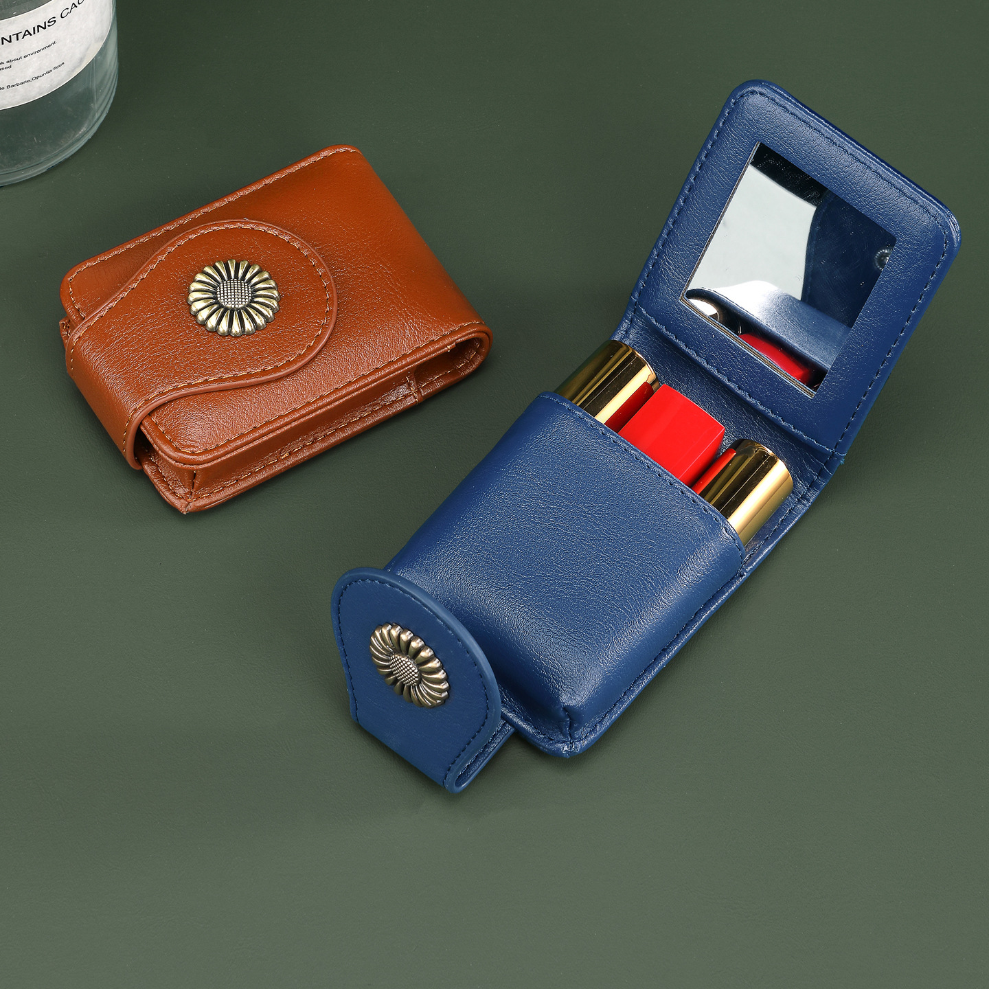 Small portable makeup bag for women with mirror and lipstick, a popular storage bag for women.