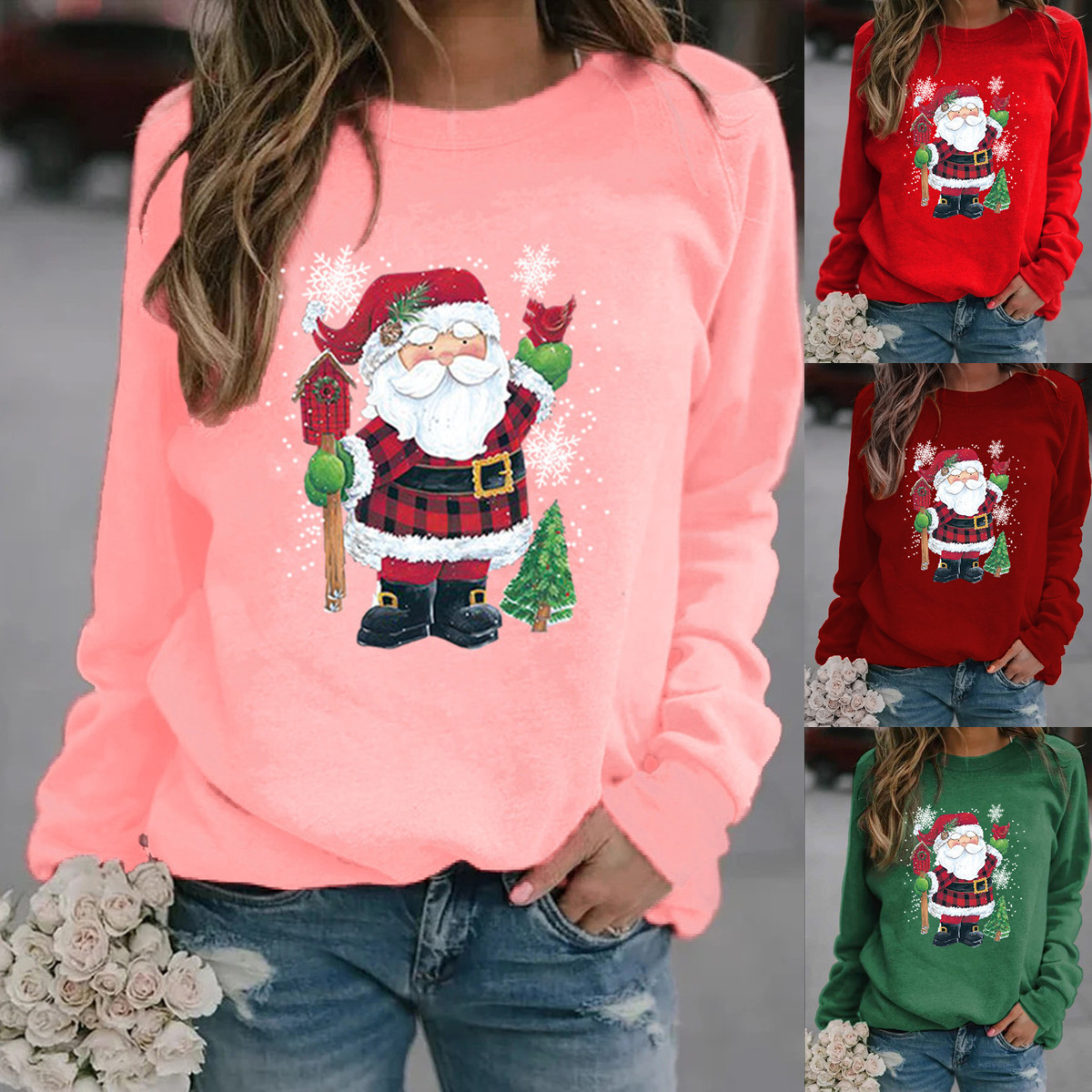 2021独立站外贸欧美圣诞节跨境新款圆领长袖套头休闲印花加绒卫衣