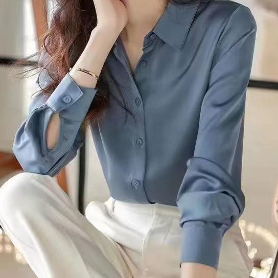 醋酸缎面衬衣女职业装春夏复古港味风设计感小众长袖衬衣白色|undefined