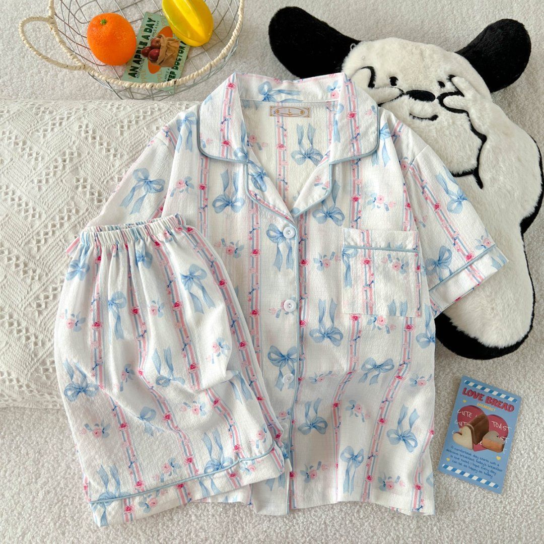 Pijamas al por mayor transfronterizos traje de verano para mujer cárdigan de solapa dulce pantalones cortos delgados de manga corta ropa de hogar de espuma para estudiantes
