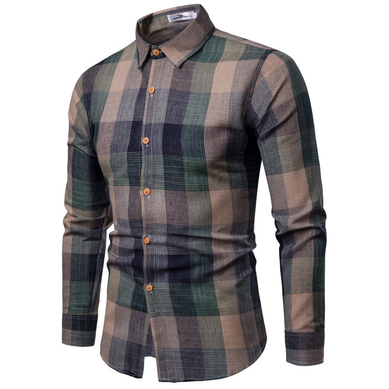 Cross-border Foreign Trade Spring and Autumn New Men's Slim-fit Color Gradient Classic Plaid Long-sleeved Shirt Casual Youth Fashion Cross-border Foreign Trade Spring and Autumn New Men's Slim-fit Color Gradient Classic Plaid Long-sleeved Shirt Casual Youth Fashion