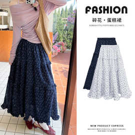 复古小碎花半身裙女夏季中长款韩系蓬蓬蛋糕裙高腰显瘦A字伞裙子