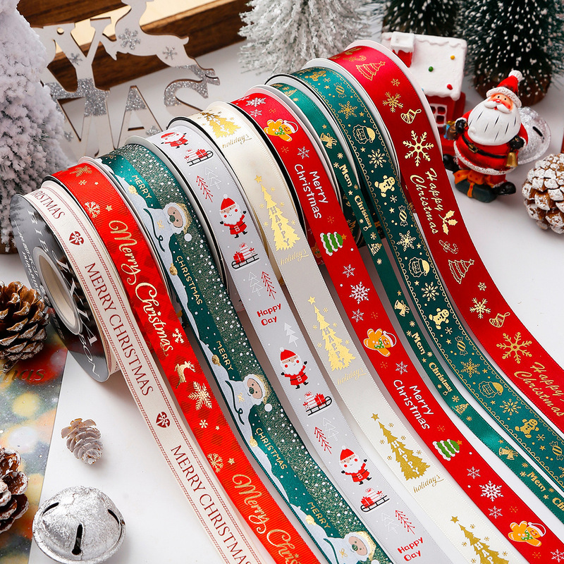 クリスマスリボン、ホットスタンプ加工ポリエステルサテンリボン、ホリデーデコレーション、ギフトボックス包装用リボン、越境専用販売、在庫あり|undefined