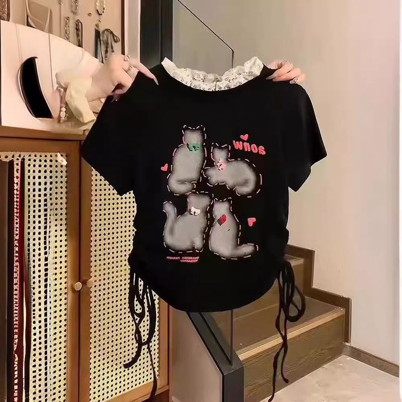 CuTe KiTTen PrinTed Pure CoTTon ShorT-sleeved T-shirT for Women, SweeT and Cool Sexy Design, Lace, Small RighT Shoulder Top