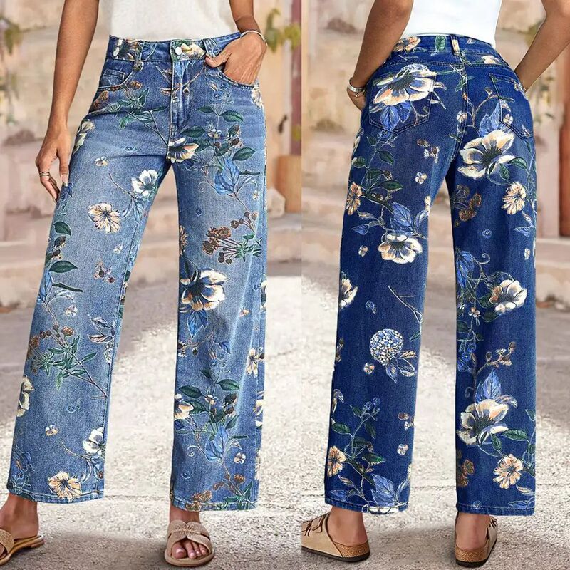 Cross-Border 2026 Spring/Summer Floral Pattern Straight High-Waisted Jeans Retro Random Print Loose Wide-Leg Denim