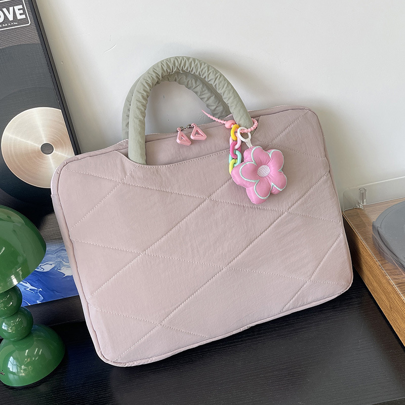 2026 New Korean Style Quilted Computer Bag for Women 14inch Cute Flower Pendant Portable Laptop Protective Cover Lightweight