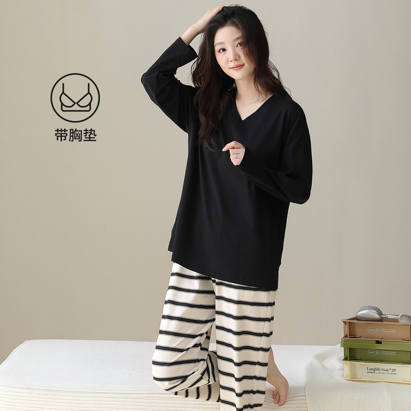 Women's pajamas with chest pads, spring and autumn long-sleeved V-neck pullover set, striped pants, loose fit, can be worn outside, women's home wear